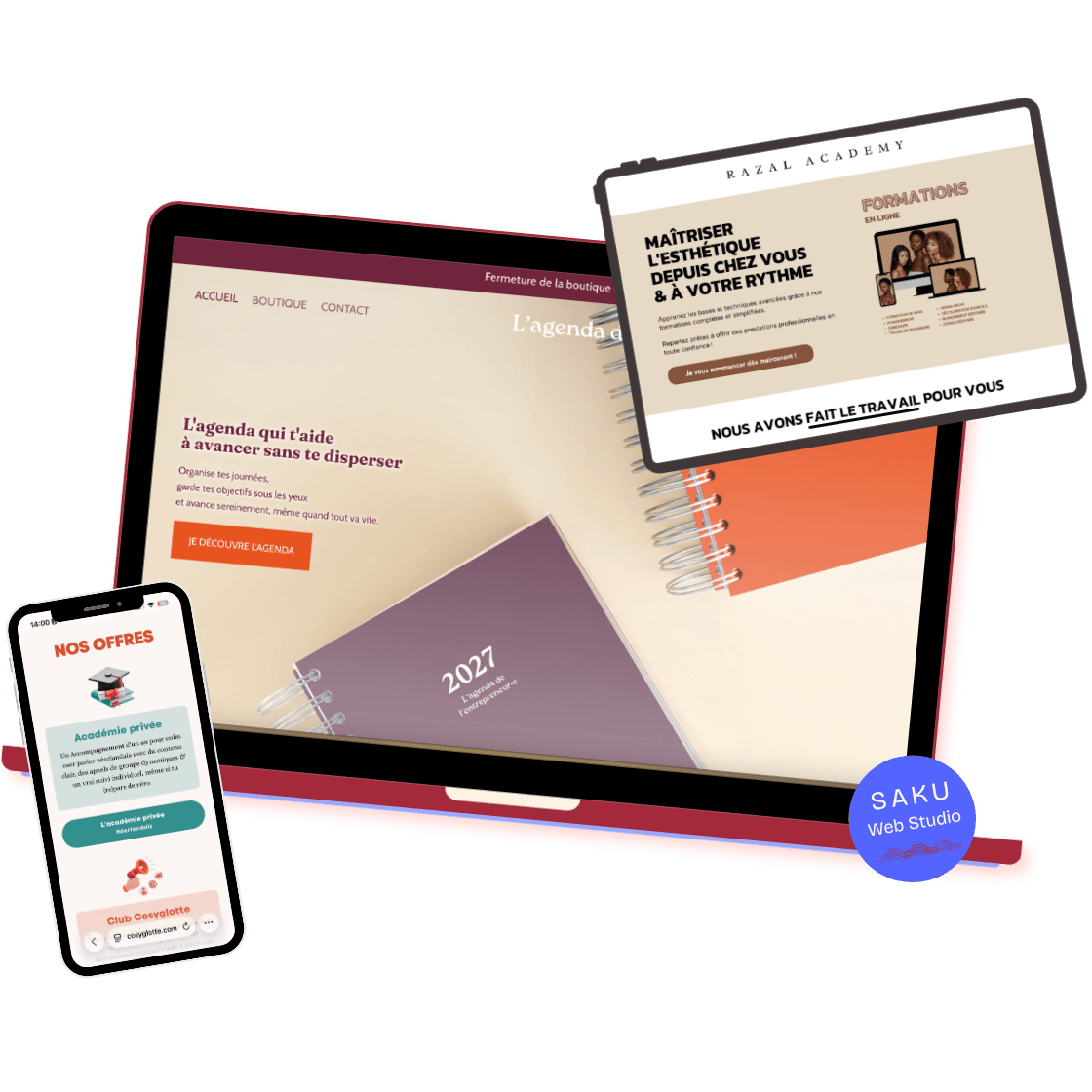 Exemples de sites réalisés par Saku Web Studio sur ordinateur, tablette et téléphone