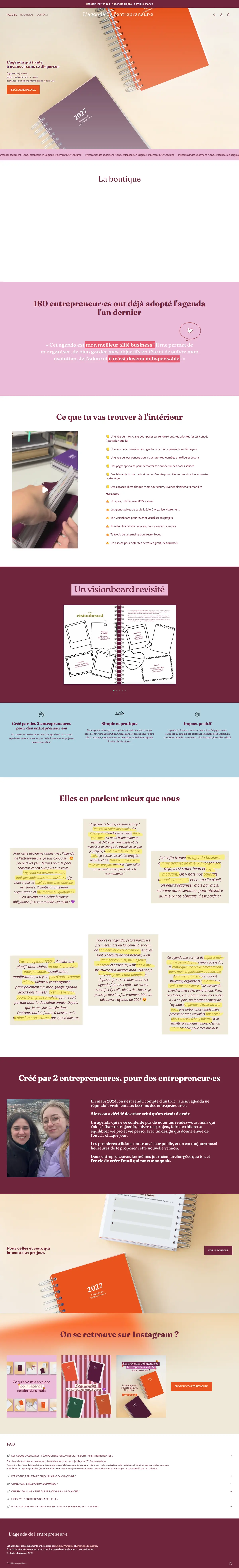 La page d’accueil de L’agenda de l’entrepreneur·e en entier : l’accroche, l’intérieur de l’agenda, le visionboard, les avis, l’histoire des créatrices, Instagram et la FAQ