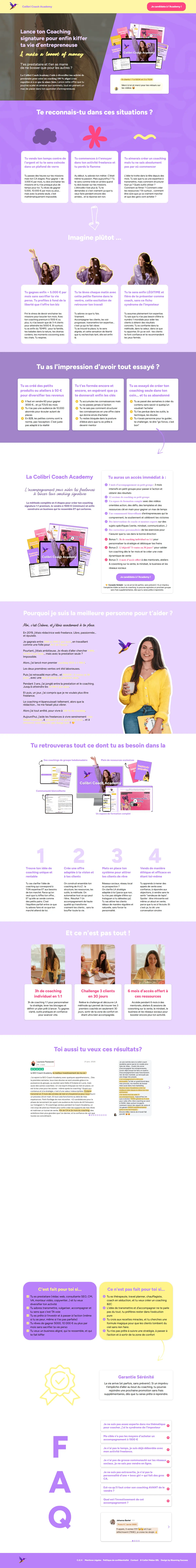 La page de vente de Colibri Coach Academy en entier : l’accroche, les situations vécues par les freelances, le programme en 4 étapes, l’histoire d’Océane, les témoignages, le « pour qui / pas pour qui » et la FAQ