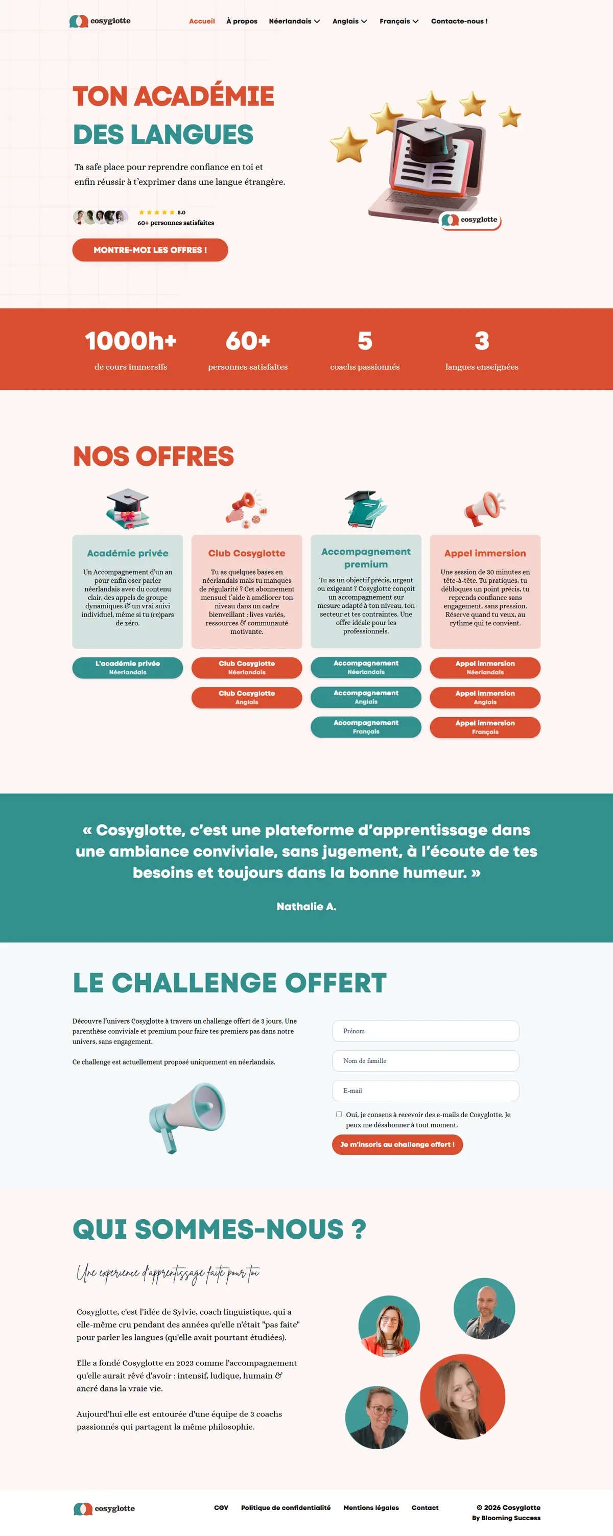 La page d’accueil de Cosyglotte en entier : l’accroche, les chiffres clés, les 4 offres, un témoignage, le challenge offert et la présentation de l’équipe