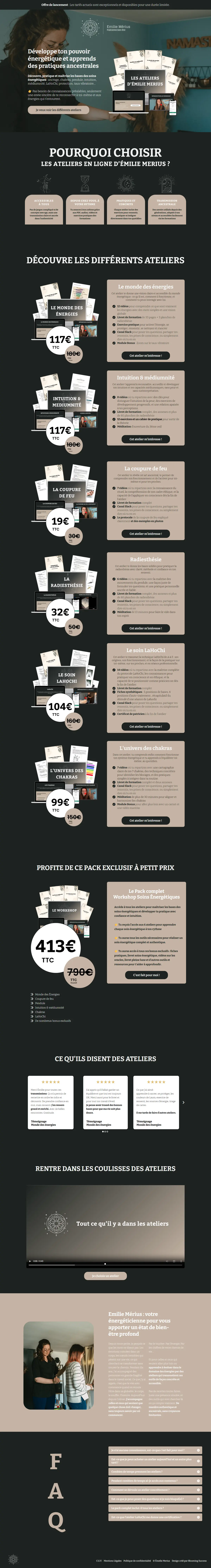 La page « Ateliers en ligne » d’Émilie Mérius en entier : l’accroche, les 6 ateliers avec leurs prix, le pack complet, les avis, la présentation d’Émilie et la FAQ
