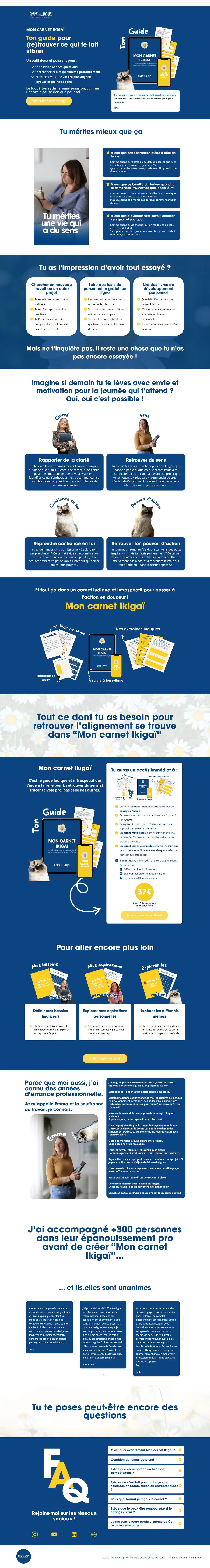 La page de vente de Mon carnet Ikigaï en entier : l’accroche, le carnet et ses bonus, l’histoire d’Emma, les témoignages et la FAQ