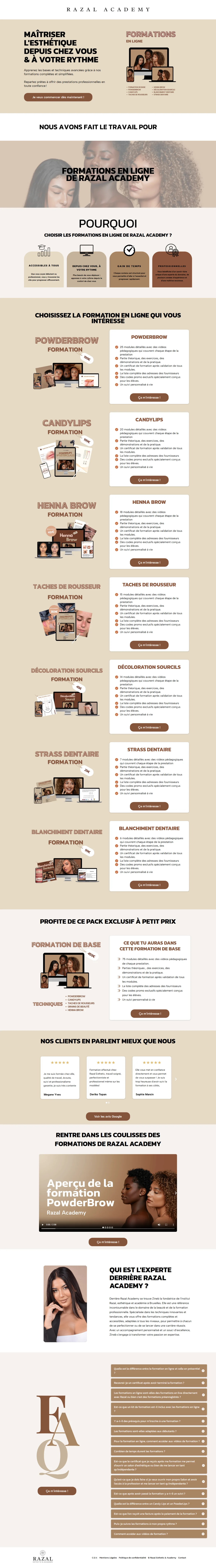 La page « Formations en ligne » de Razal Academy en entier : l’accroche, les 7 formations, le pack de base, les avis, la présentation de Zineb et la FAQ